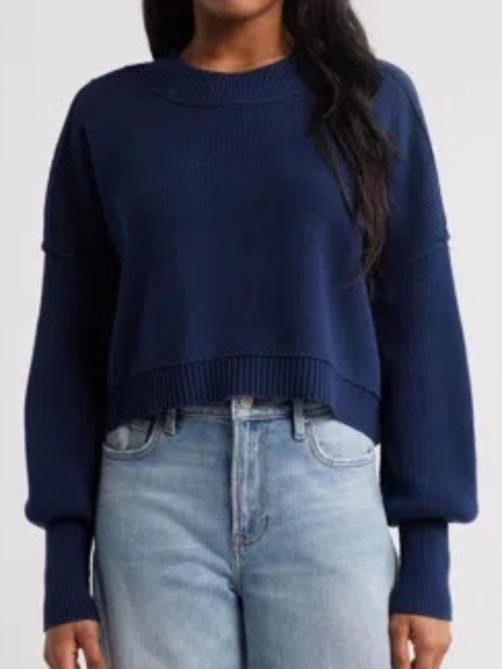 NWT Free People Easy Street Cropped Pullover Sweater in Navy Blue | Size Large
